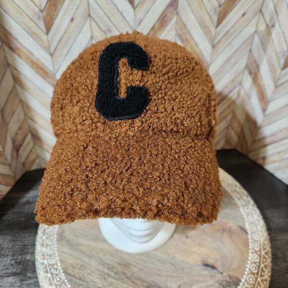 Anthro-Do Everything In Love Brown Letter C Teddy Sherpa Baseball Cap Women OS - Picture 3 of 7